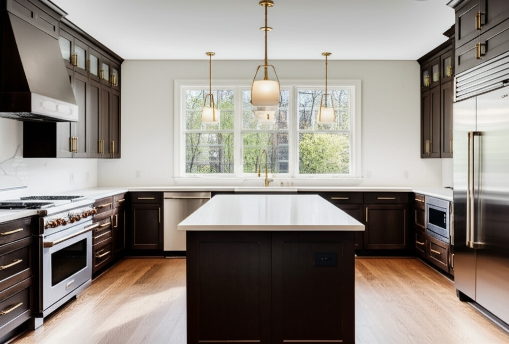 Luxurious modern kitchen remodel in Richmond with white quartz countertops and gold hardware